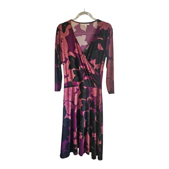 CAbi Dresses & Skirts - Cabi Dress LG Purple Black Floral Print Faux Wrap Midi Stretch 3/4 Sleeve V-Neck